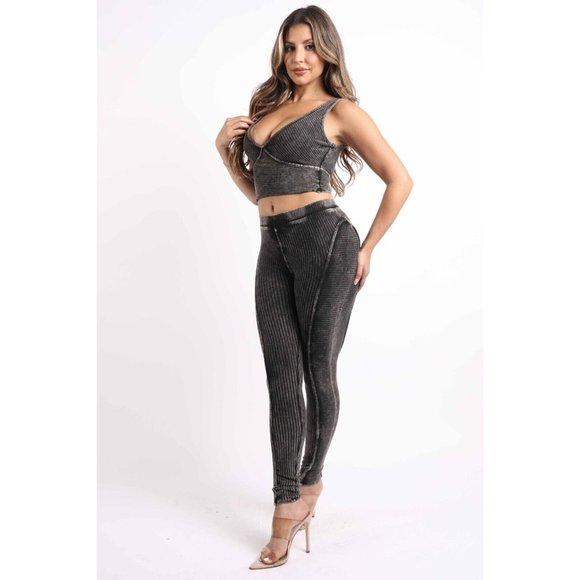 Womens Mineral Washed Crop Top and Matching Leggings Outfit Set Super Cute XS-3X - Picture 5 of 11